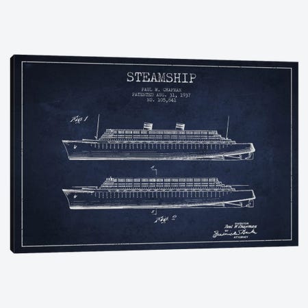 Steamship Navy Blue Patent Blueprint Canvas Print #ADP2652} by Aged Pixel Canvas Art Print