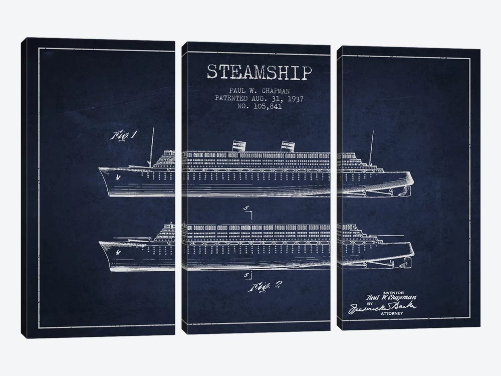 Steamship Navy Blue Patent Blueprint by Aged Pixel 3-piece Canvas Art Print