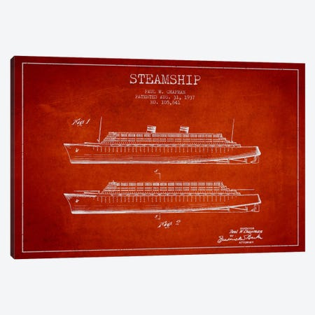 Steamship Red Patent Blueprint Canvas Print #ADP2653} by Aged Pixel Canvas Print