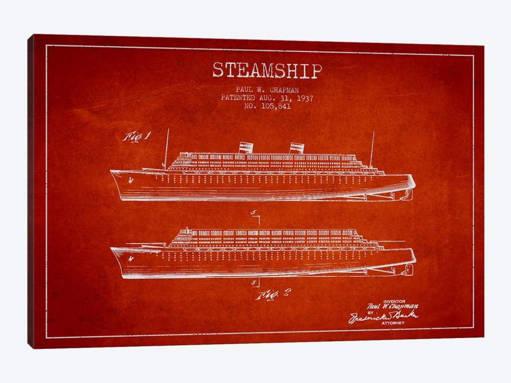 Steamship Red Patent Blueprint by Aged Pixel 1-piece Canvas Wall Art