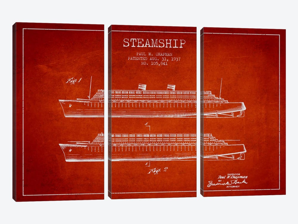 Steamship Red Patent Blueprint by Aged Pixel 3-piece Canvas Wall Art