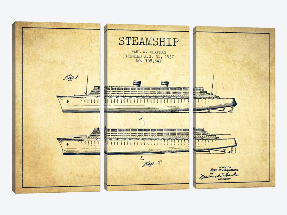 Steamship Vintage Patent Blueprint by Aged Pixel 3-piece Art Print