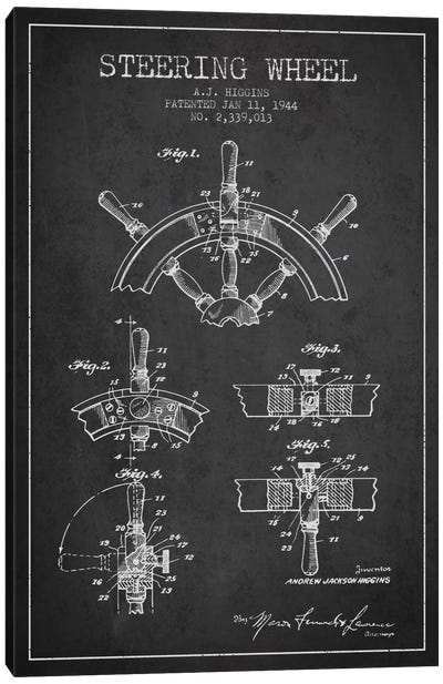 Steering Wheel Charcoal Patent Blueprint Canvas Art Print - Aged Pixel: Nautical