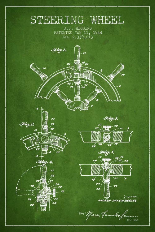 Steering Wheel Green Patent Blueprint by Aged Pixel wall art
