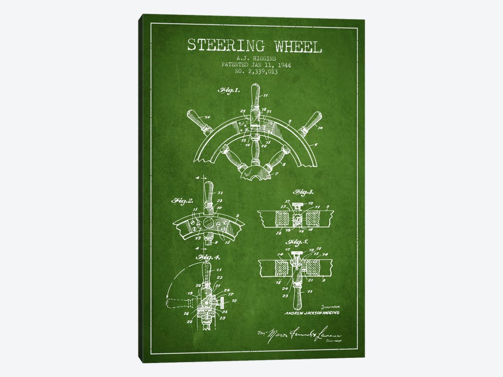 Steering Wheel Green Patent Blueprint by Aged Pixel 1-piece Canvas Art Print
