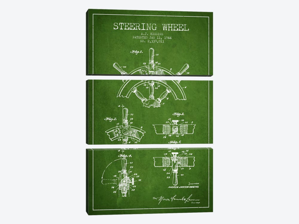 Steering Wheel Green Patent Blueprint by Aged Pixel 3-piece Art Print