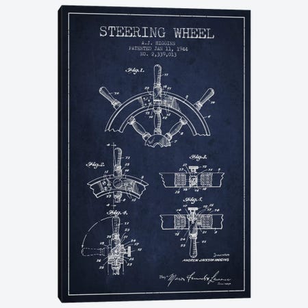 Steering Wheel Navy Blue Patent Blueprint Canvas Print #ADP2657} by Aged Pixel Canvas Wall Art