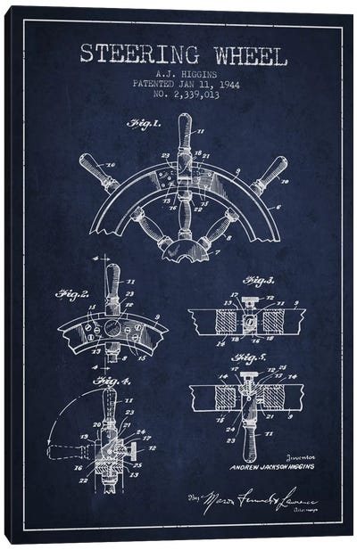 Steering Wheel Navy Blue Patent Blueprint Canvas Art Print - Aged Pixel: Nautical