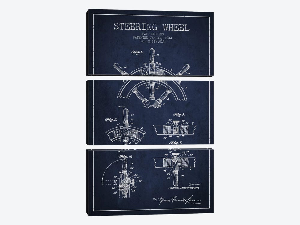 Steering Wheel Navy Blue Patent Blueprint by Aged Pixel 3-piece Canvas Artwork