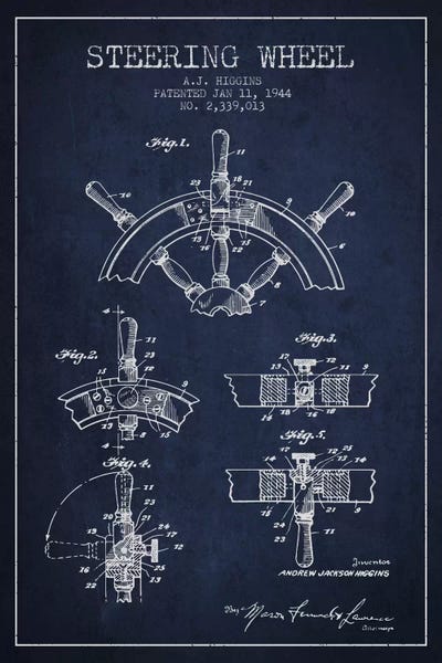 Nautical Blueprints: Steering Wheel Navy Blue Patent Blueprint by Aged Pixel