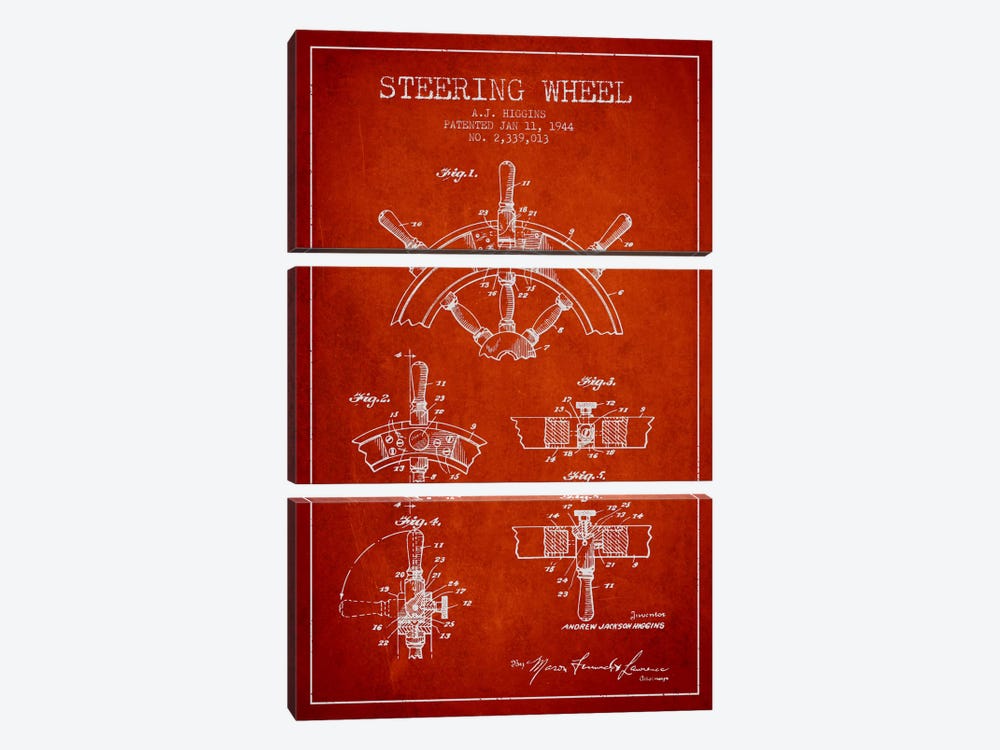 Steering Wheel Red Patent Blueprint by Aged Pixel 3-piece Art Print