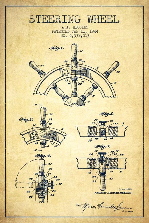 Steering Wheel Vintage Patent Blueprint by Aged Pixel wall art