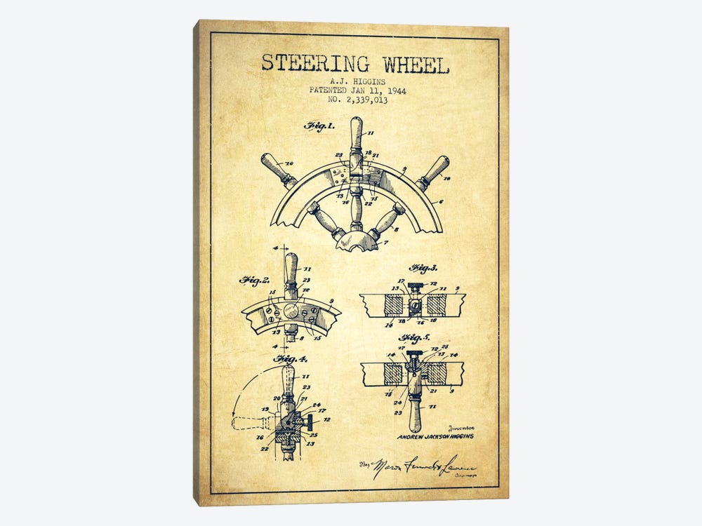 Steering Wheel Vintage Patent Blueprint by Aged Pixel 1-piece Canvas Artwork