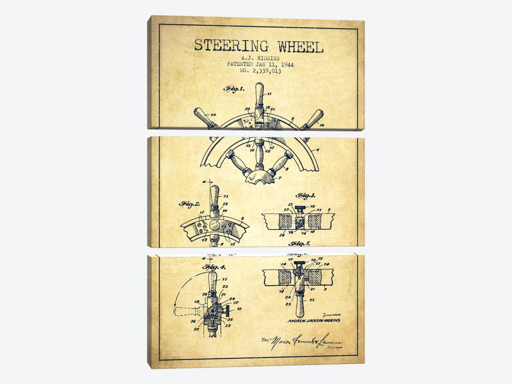 Steering Wheel Vintage Patent Blueprint by Aged Pixel 3-piece Canvas Artwork