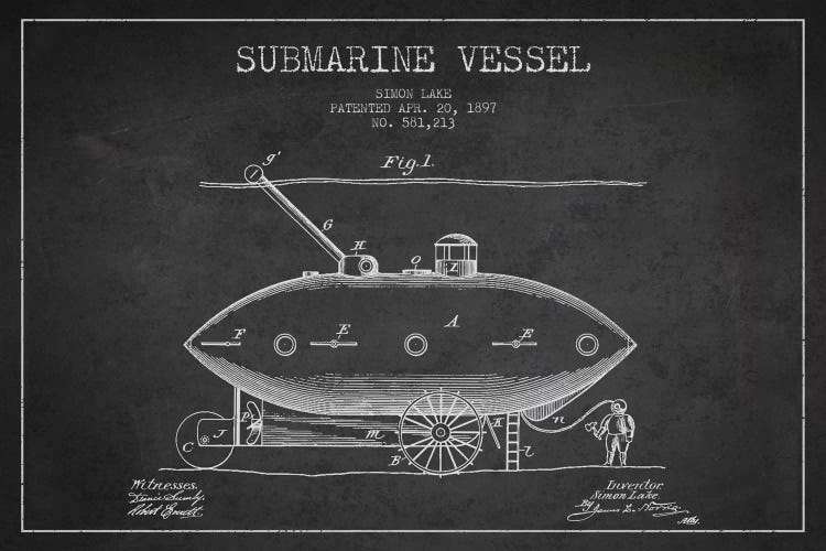 Submarine Vessel Charcoal Patent Blueprint