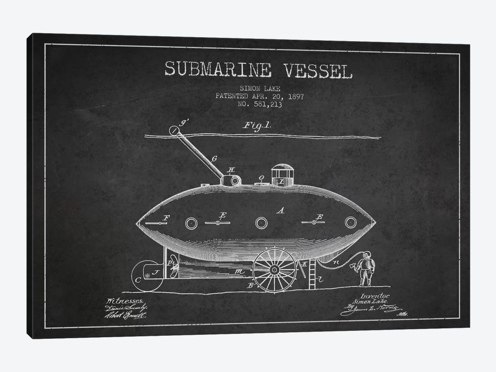 Submarine Vessel Charcoal Patent Blueprint by Aged Pixel 1-piece Canvas Wall Art