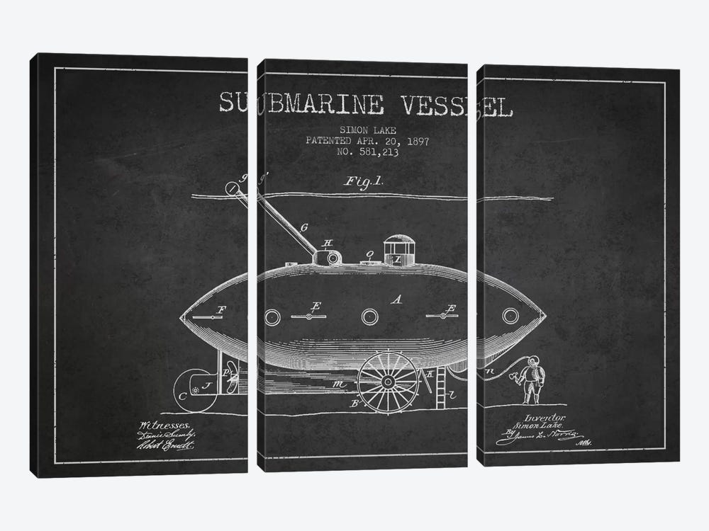 Submarine Vessel Charcoal Patent Blueprint by Aged Pixel 3-piece Canvas Art