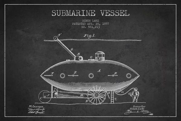 Nautical Blueprints: Submarine Vessel Charcoal Patent Blueprint by Aged Pixel