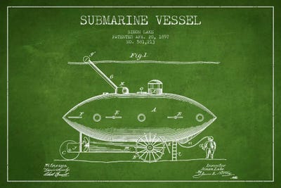 Submarine Vessel Green Patent Blueprint by Aged Pixel canvas print