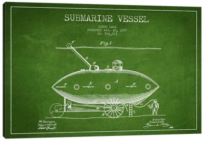 Submarine Vessel Green Patent Blueprint Canvas Art Print - Aged Pixel