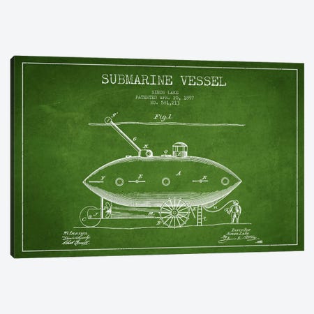 Submarine Vessel Green Patent Blueprint Canvas Print #ADP2661} by Aged Pixel Canvas Art