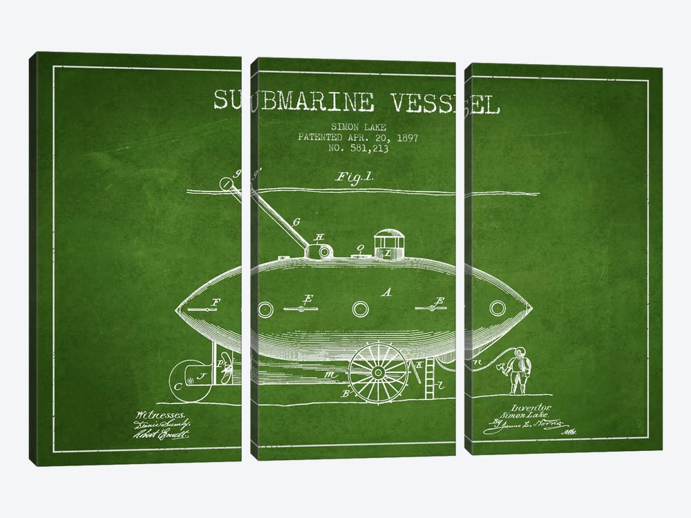 Submarine Vessel Green Patent Blueprint by Aged Pixel 3-piece Art Print