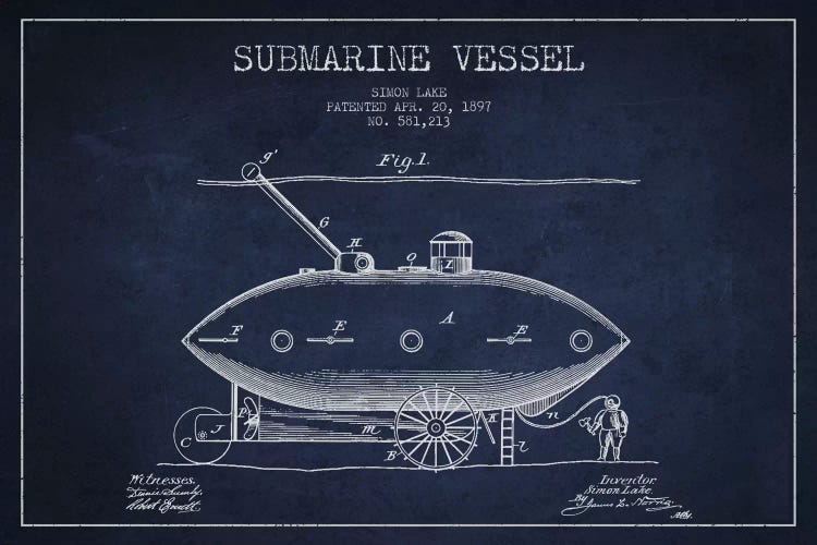 Submarine Vessel Navy Blue Patent Blueprint