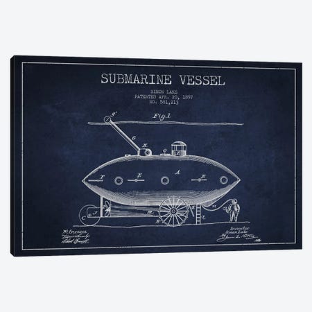 Submarine Vessel Navy Blue Patent Blueprint Canvas Print #ADP2662} by Aged Pixel Canvas Artwork