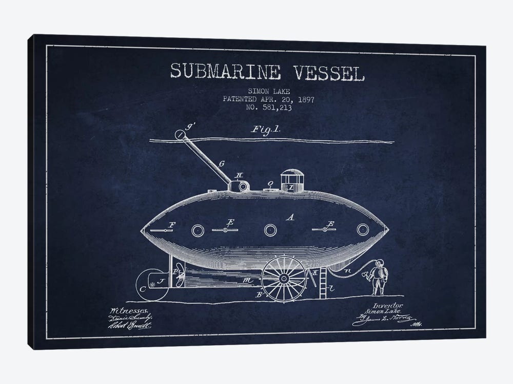 Submarine Vessel Navy Blue Patent Blueprint by Aged Pixel 1-piece Canvas Art