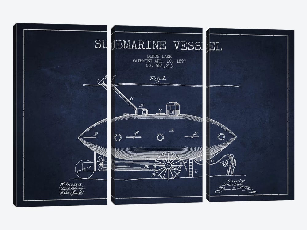Submarine Vessel Navy Blue Patent Blueprint by Aged Pixel 3-piece Canvas Artwork