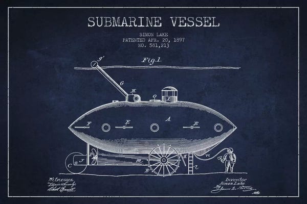 Submarines: Submarine Vessel Navy Blue Patent Blueprint by Aged Pixel