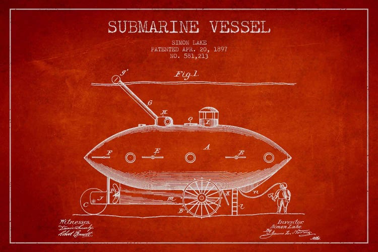 Submarine Vessel Red Patent Blueprint