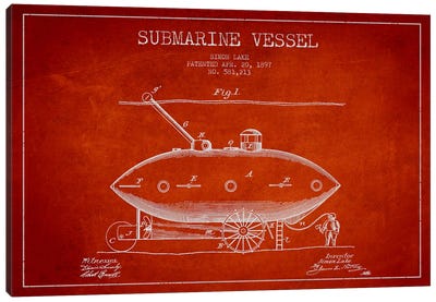 Submarine Vessel Red Patent Blueprint Canvas Art Print - Submarine Art