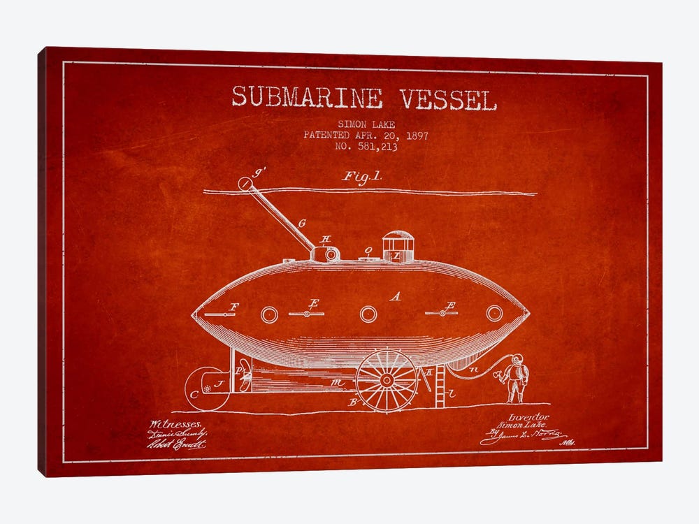 Submarine Vessel Red Patent Blueprint 1-piece Canvas Art Print
