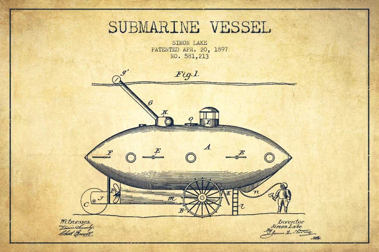Submarine Vessel Vintage Patent Blueprint by Aged Pixel wall art