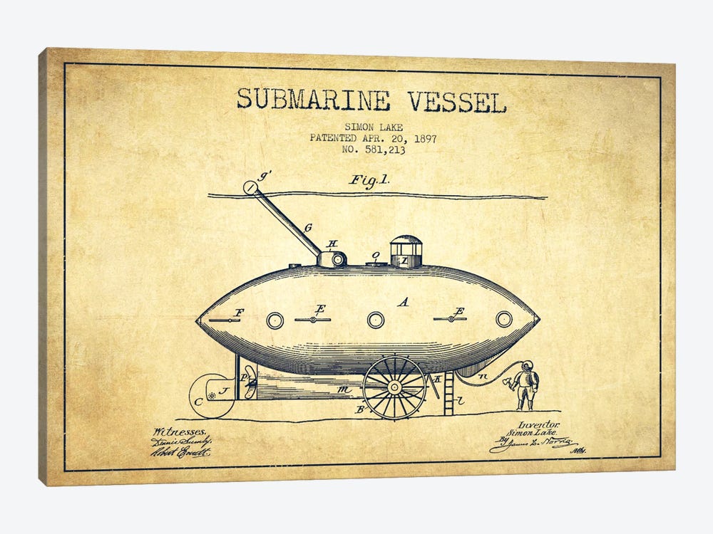 Submarine Vessel Vintage Patent Blueprint by Aged Pixel 1-piece Canvas Artwork