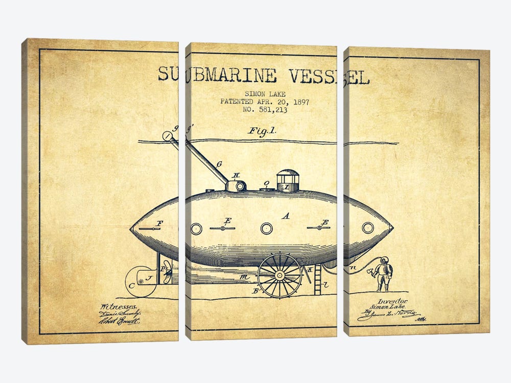 Submarine Vessel Vintage Patent Blueprint by Aged Pixel 3-piece Canvas Artwork