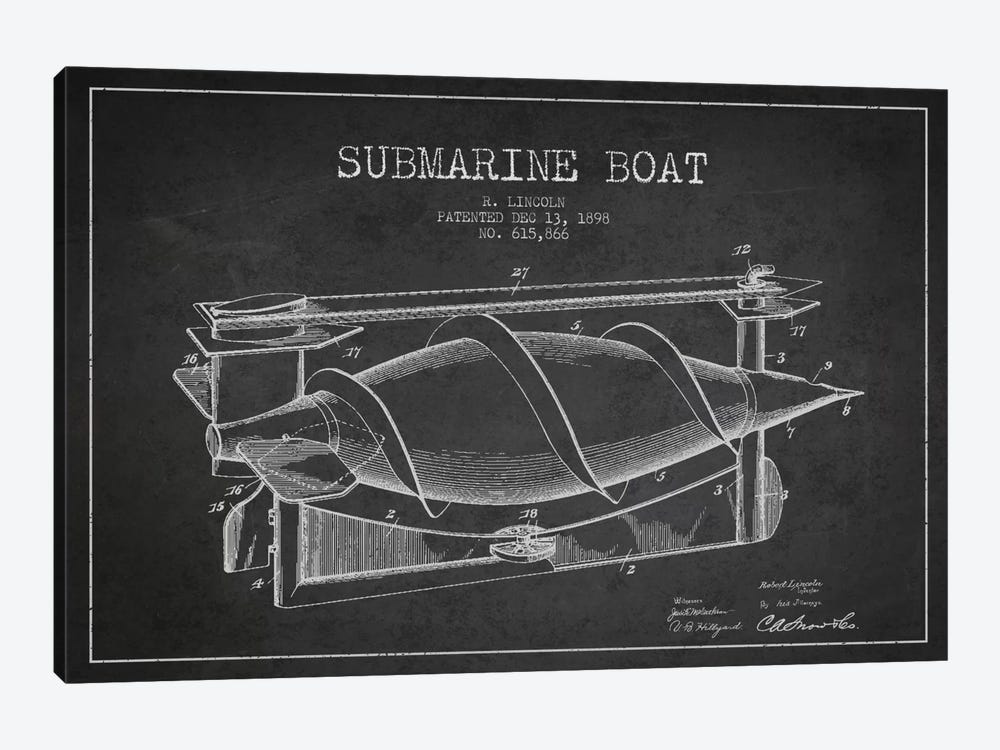 Submarine Vessel Charcoal Patent Blueprint by Aged Pixel 1-piece Canvas Art Print