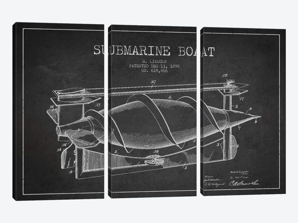 Submarine Vessel Charcoal Patent Blueprint by Aged Pixel 3-piece Canvas Art Print