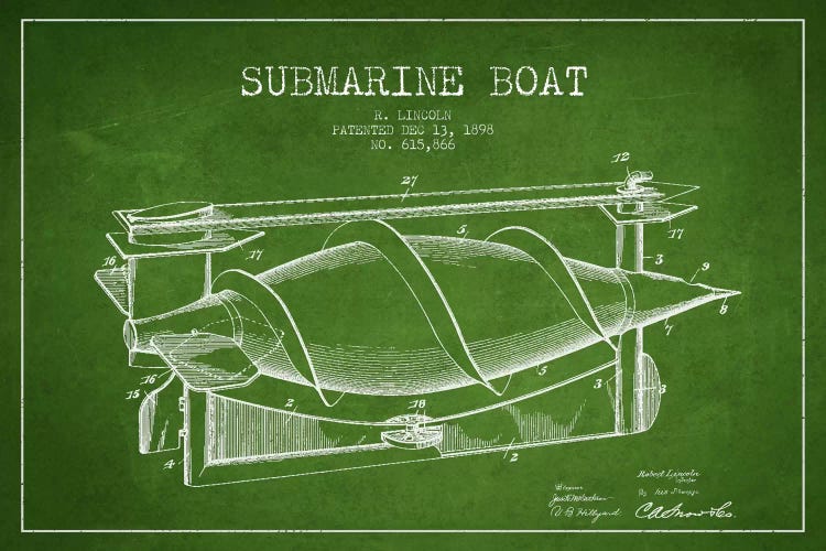 Submarine Vessel Green Patent Blueprint