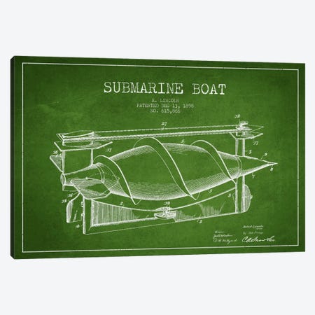 Submarine Vessel Green Patent Blueprint Canvas Print #ADP2666} by Aged Pixel Canvas Art Print