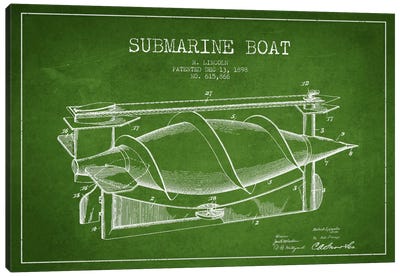Submarine Vessel Green Patent Blueprint Canvas Art Print - Warship Art