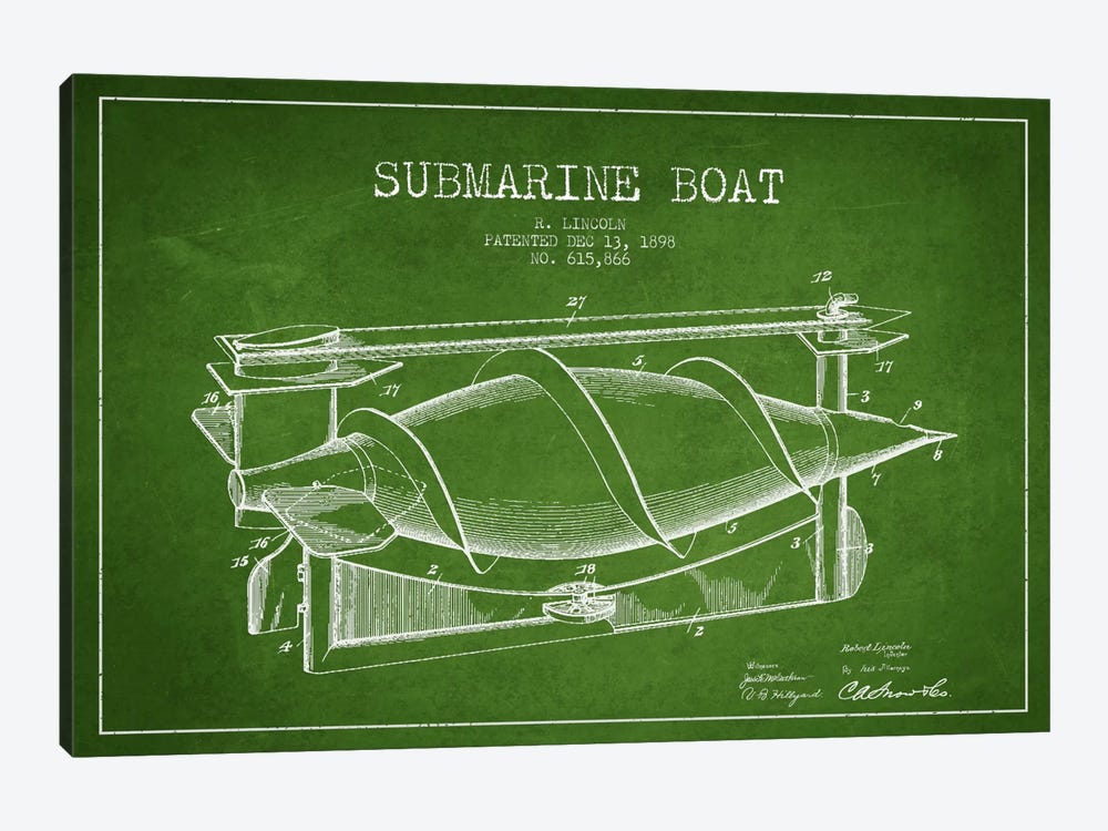 Submarine Vessel Green Patent Blueprint by Aged Pixel 1-piece Canvas Wall Art