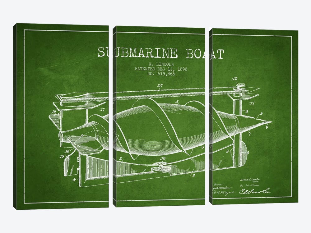 Submarine Vessel Green Patent Blueprint by Aged Pixel 3-piece Canvas Artwork