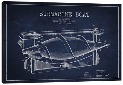 Submarine Vessel Navy Blue Patent Blueprint Canvas Art Print - Aged Pixel