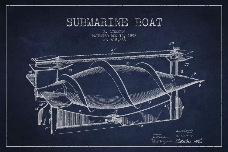 Submarine Vessel Navy Blue Patent Blueprint by Aged Pixel wall art