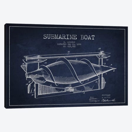 Submarine Vessel Navy Blue Patent Blueprint Canvas Print #ADP2667} by Aged Pixel Canvas Art Print