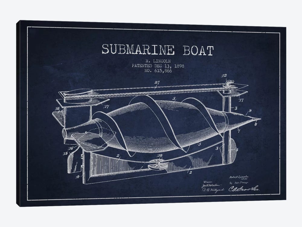 Submarine Vessel Navy Blue Patent Blueprint by Aged Pixel 1-piece Art Print