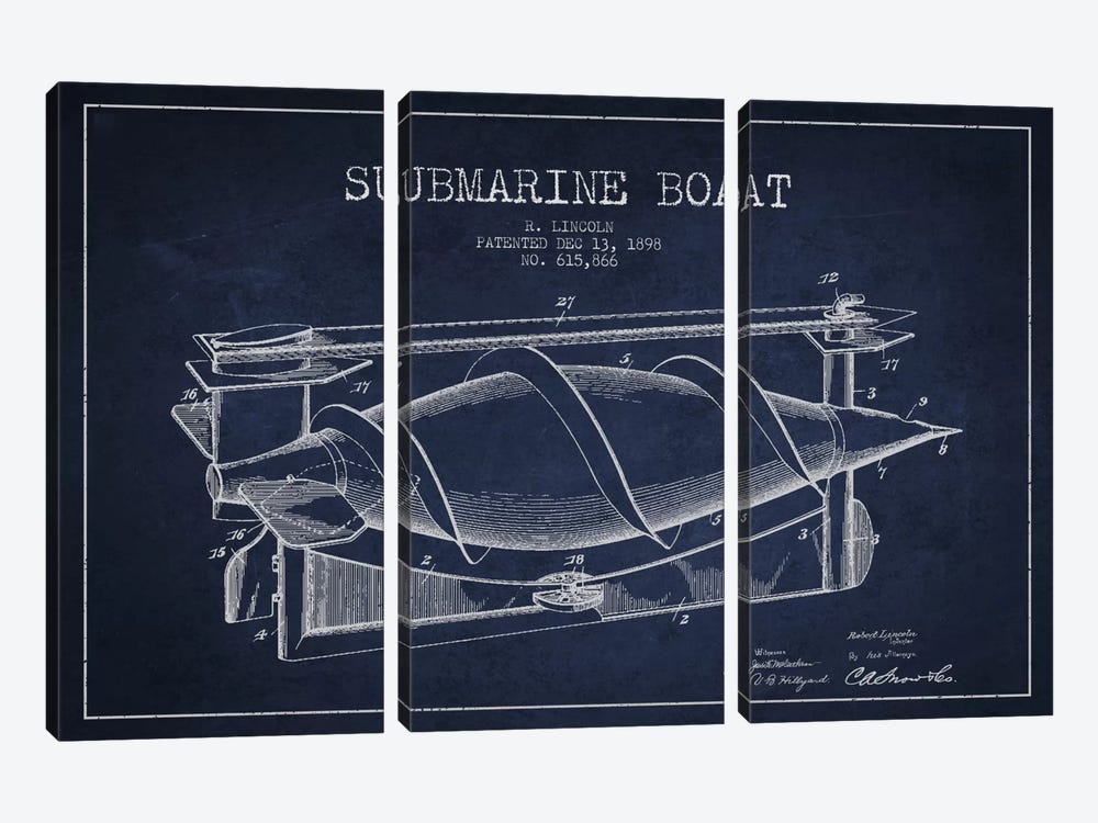 Submarine Vessel Navy Blue Patent Blueprint by Aged Pixel 3-piece Canvas Art Print