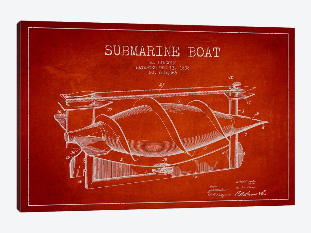 Submarine Vessel Red Patent Blueprint by Aged Pixel 1-piece Canvas Artwork